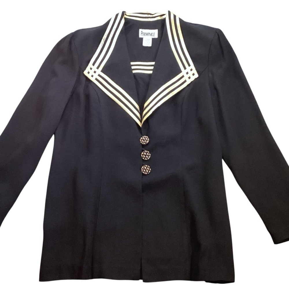 Vintage 80s/90s Periwinkle by B. David Black Skirt Suit Set Gold Trim NWT Formal